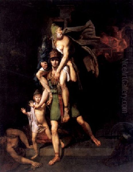 Aeneas Flieht Mit Sohn Und Vater Anchises Aus Dem Brennenden Troja Oil Painting by Charles Brocas