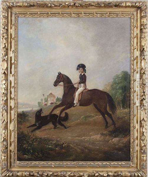 Portrait Of A Young Gentleman On Horseback With A Black Retriever In Landscape Oil Painting by James Henry Brocas