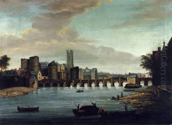 A View Of Limerick With Old Thomond Bridge, King John's Castle And St. Mary's Cathedral With Figures And Boats In The Foreground Oil Painting by Samuel Frederick Brocas