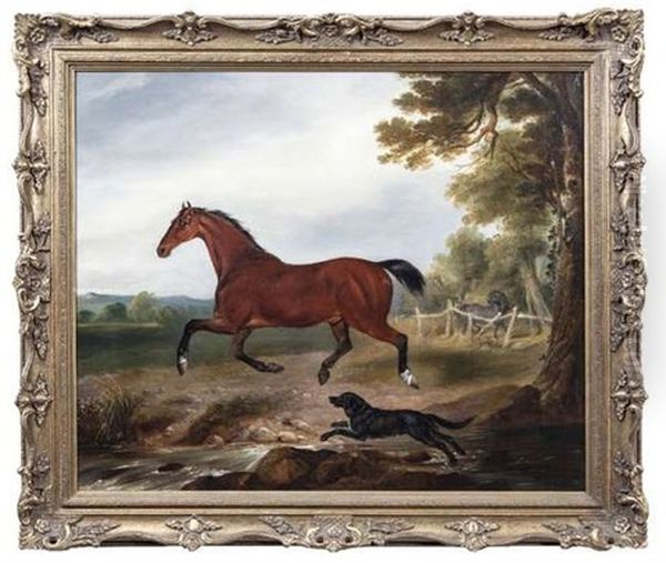 A Bay Stallion With A Dog In Landscape Oil Painting by William Brocas