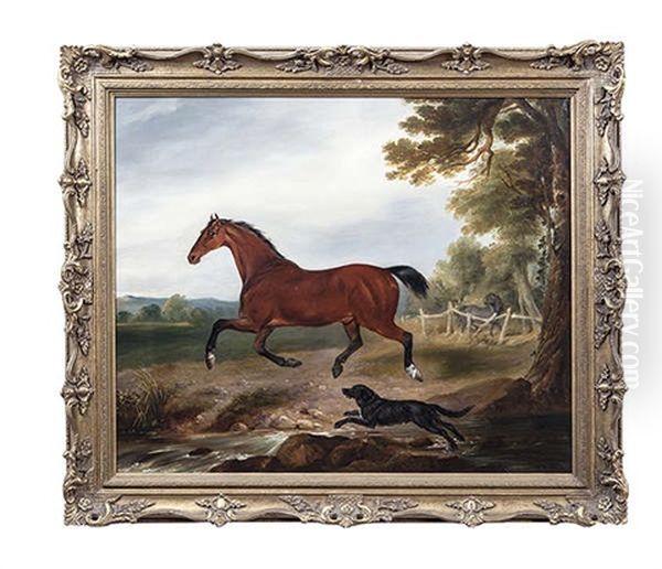 A Bay Stallion With A Dog In Landscape Oil Painting by William Brocas