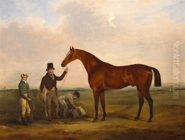 Colonel Westenra's Freney With Jockey And Attendants On The Curragh, Co. Kildare And Roller, A Bay Hunter With Hounds Jolty Boy And Jackey Boy In A Stable (pair) Oil Painting by William Brocas