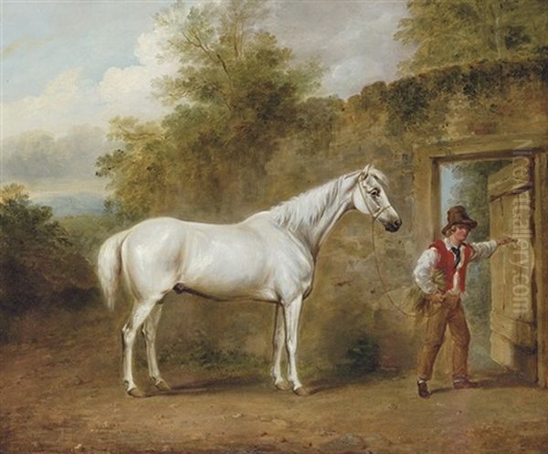 A Grey Hack Held By A Boy, By A Door Through A Wall, In A Landscape Oil Painting by William Brocas