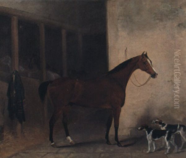 Roller, A Bay Hunter With Hounds Jolty Boy And Jacey Boy In Stable Oil Painting by William Brocas