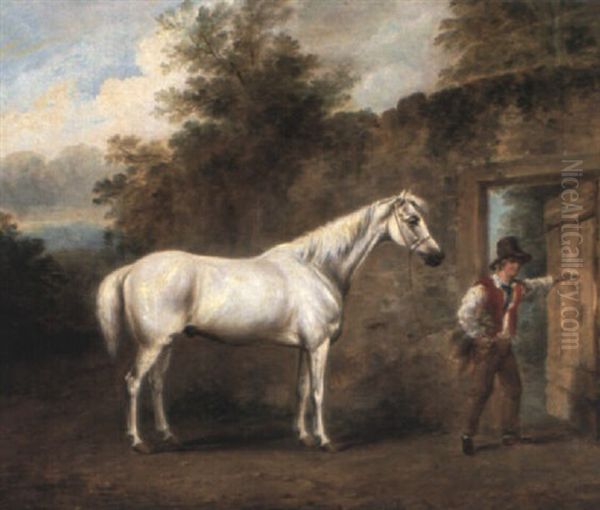 A Grey Hack, Yaroute, With Groom Beside A Gate by William Brocas