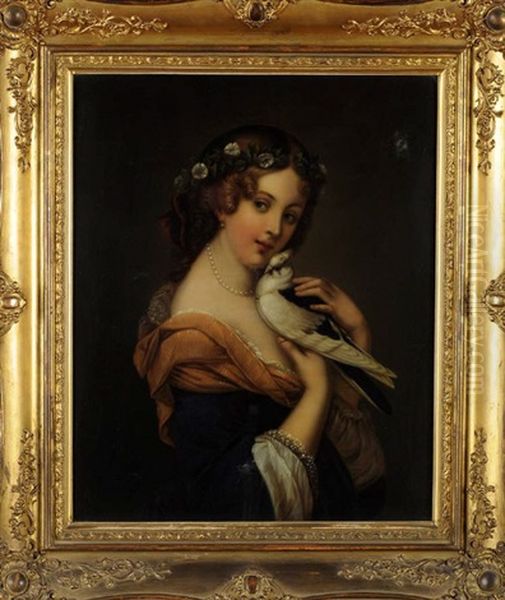 Simple Amour - A Young Woman Holding A Dove Oil Painting by Constant Joseph Brochart