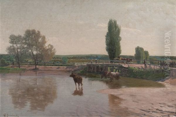 Kuhe In Der Prosna Oil Painting by Walery Brochocki