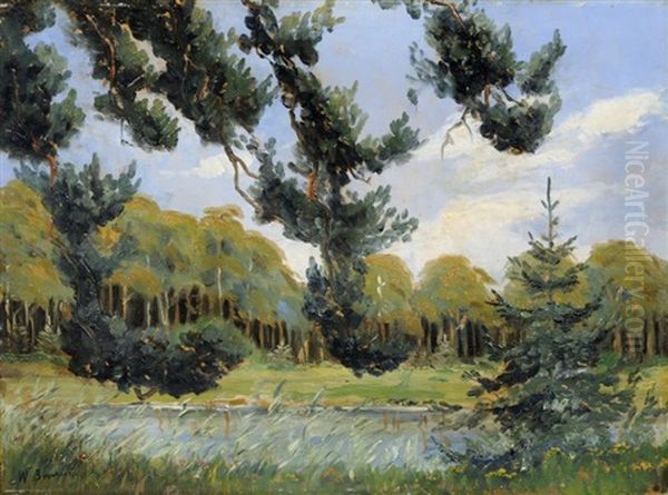 Sommerlandschaft Mit See Oil Painting by Walery Brochocki