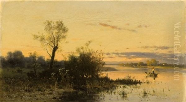 Landscape With A Boat Oil Painting by Walery Brochocki