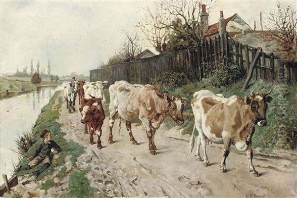 Driving The Herd Home Oil Painting by Charles Edward Brock