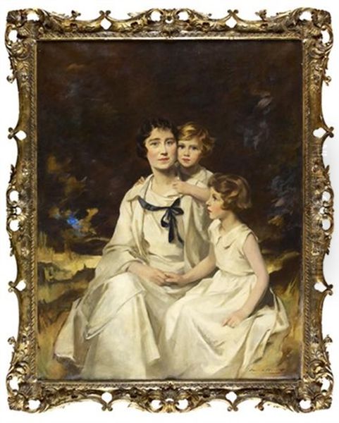 A Family Portrait Of Elizabeth, The Queen Mother And Her Daughters Princess Elizabeth And Princess Margaret Oil Painting by Charles Edward Brock