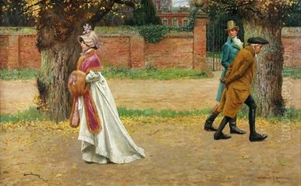 An Elegant Lady Passing Two Gentlemen Outside A Country House (anstey Hall, Trumpington?) Oil Painting by Charles Edward Brock