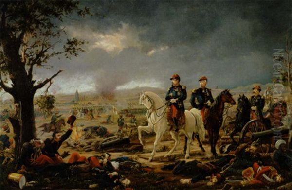 Scene Fra Krigen 1870 Med Napoleons Nevo, Charles, Til Hest I Kamp Mod Tyskerne Oil Painting by Gustav Brock