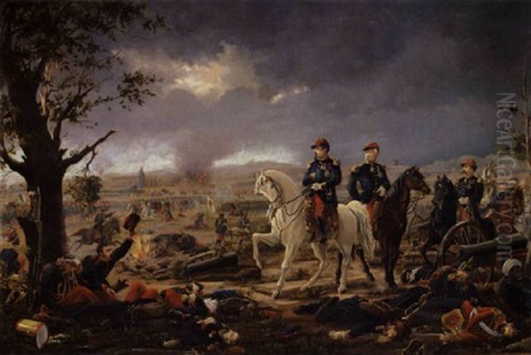 Scene Fra Krigen 1870 Med Napoleons Brors Son, Charles, Til Hest I Kamp Mod Tyskerne Oil Painting by Gustav Brock