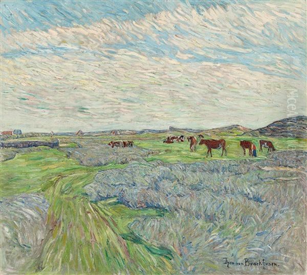 Landschaft Mit Kuhen Oil Painting by Theo Von Brockhusen