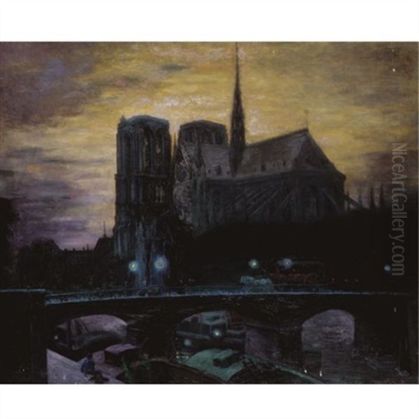 Notre Dame At Night Oil Painting by Theo Von Brockhusen