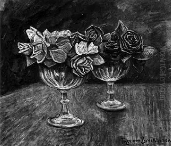 Stilleben Mit Roten Rosen In Glaspokalen Oil Painting by Theo Von Brockhusen