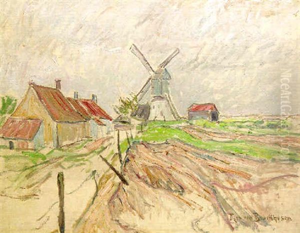 Stormy Landscape With A Wind Mill Oil Painting by Theo Von Brockhusen