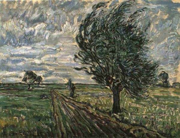 Sturmische Landschaft Mit Baum Oil Painting by Theo Von Brockhusen