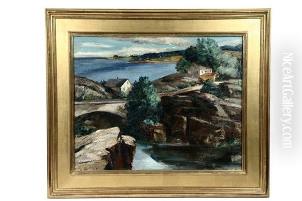 Maine Coastal Scene With Arched Bridge Oil Painting by Ann Brockman