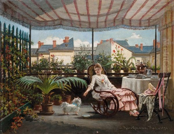 On The Terrace Oil Painting by August Brockmann