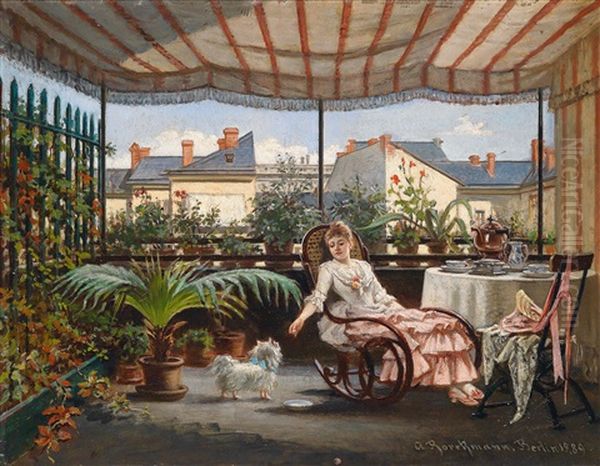 Teestunde Auf Der Veranda Oil Painting by August Brockmann