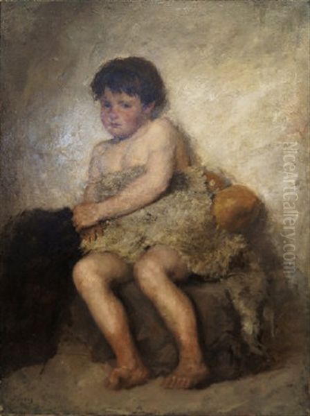 Portrait Of A Young Boy Seated Full Length Wearing Sheepskin Oil Painting by Modesto Brocos y Gomez