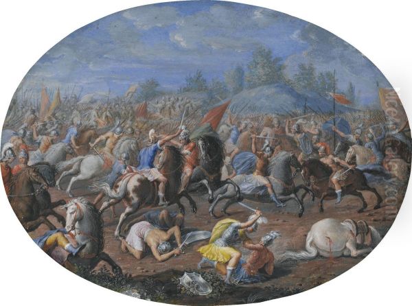 Two Oval Battle Scenes Oil Painting by Francesco Allegrini