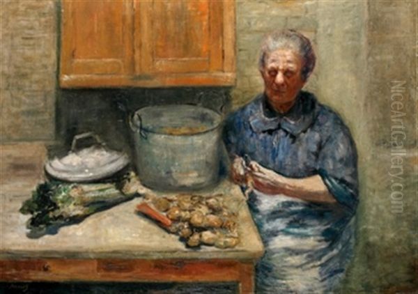 Mujer Pelando Patatas Oil Painting by Modesto Brocos y Gomez