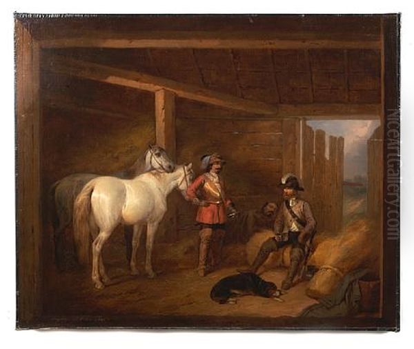 Soldiers And Horses In A Stable Oil Painting by Josef Brodowski the Younger