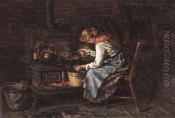 Kitchen Interior With Woman Preparing A Meal Oil Painting by Clemens Van Den Broeck