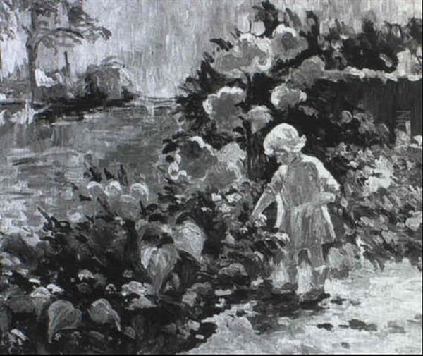 Blumenpfl_ckendes Madchen In Einem Sommerlichen Garten Oil Painting by Clemens Van Den Broeck