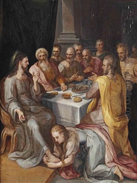 Mary Magdalen Washing Christ's Feet In The House Of Simon The Pharisee (luke 7:36-50) Oil Painting by Crispin Van Den Broeck