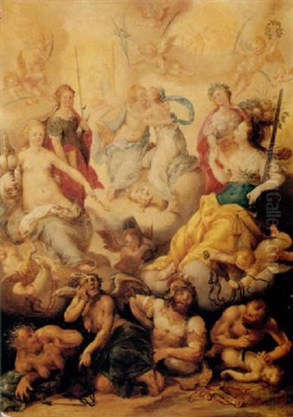 An Allegory Of Peace, With Justice, Abundance, Logic (?) And Fortitude (?), Triumphing Over War And Death Oil Painting by Crispin Van Den Broeck