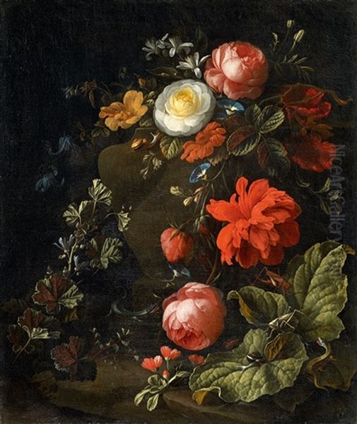 Floral Still Life With Insects Oil Painting by Elias van den Broeck