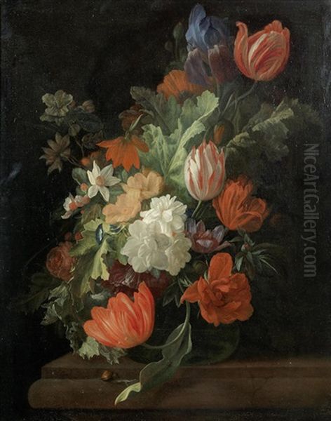 Tulips, Morning Glory, Narcissi And Other Flowers In A Glass Vase On A Stone Ledge Oil Painting by Elias van den Broeck