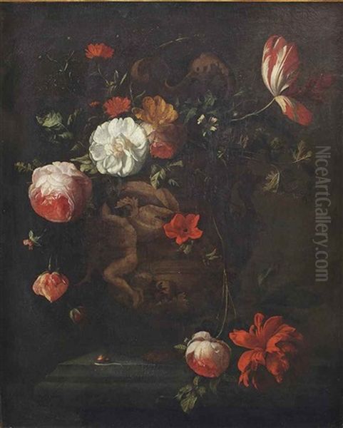 Roses, Tulips, A Chrysanthemum And Various Other Flowers In A Vase With Classical Figures In Relief, And A Snail, All On A Stone Ledge Oil Painting by Elias van den Broeck