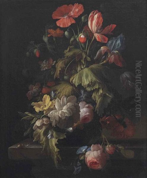 A Poppy, Tulip, Chrysanthemum, Morning Glory, Roses And Various Other Flowers In A Vase, All On A Stone Ledge, With A Snail Oil Painting by Elias van den Broeck