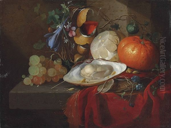 An Oyster, Grapes, A Partly- Peeled Lemon, An Orange And Flowers, On A Partially Draped Stone Ledge Oil Painting by Elias van den Broeck