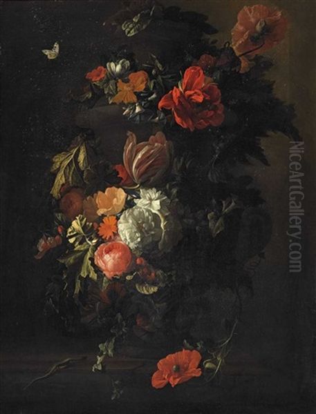 A Vase With Roses, Tulips, Anemones And Vine Leafs Oil Painting by Elias van den Broeck