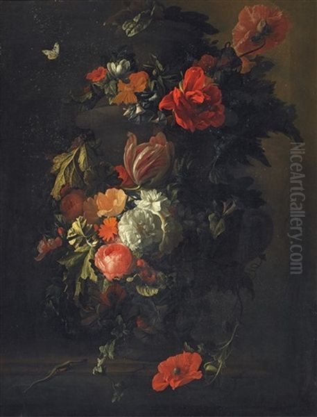 A Vase With Roses, Tulips, Anemones And Vine Leafs Oil Painting by Elias van den Broeck