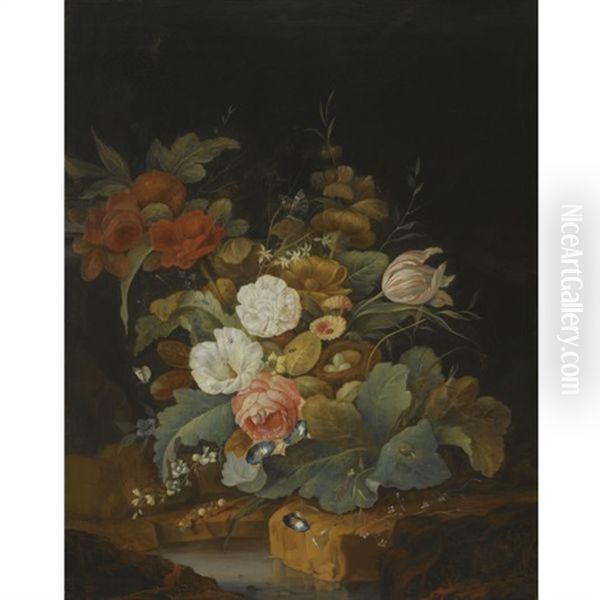 A Still Life With A Bird's Nest, Roses, Morning Glory, A Tulip And Other Flowers In A Forest Setting Oil Painting by Elias van den Broeck