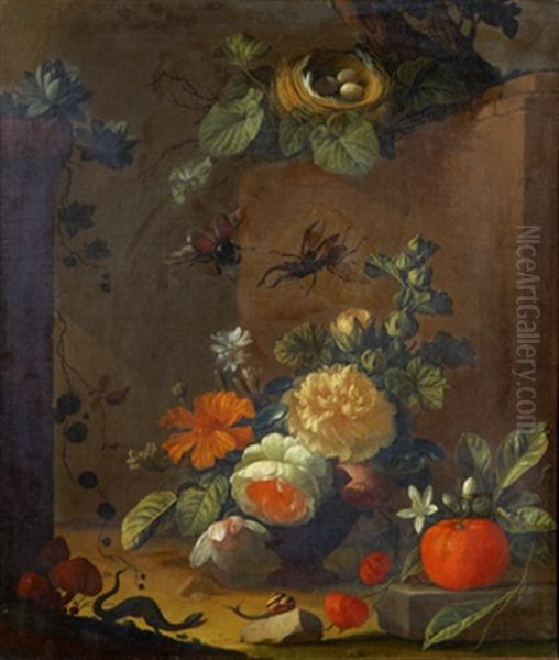 Stilleben Med Blommor, Frukter Och Insekter Oil Painting by Elias van den Broeck