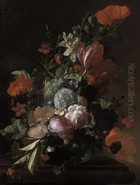 Parrot Tulips, Poppies, Roses, Morning Glory, Narcissi And Other Flowers In A Glass Vase, With Acorns And A Snail On A Stone Ledge Oil Painting by Elias van den Broeck