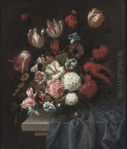 Tulips, Roses, Poppies And Other Flowers In A Glass Vase On A Stone Table Oil Painting by Elias van den Broeck