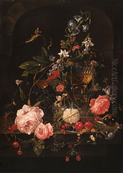 Blumenstilleben Mit Fruchten Und Prunkglasern Oil Painting by Elias van den Broeck