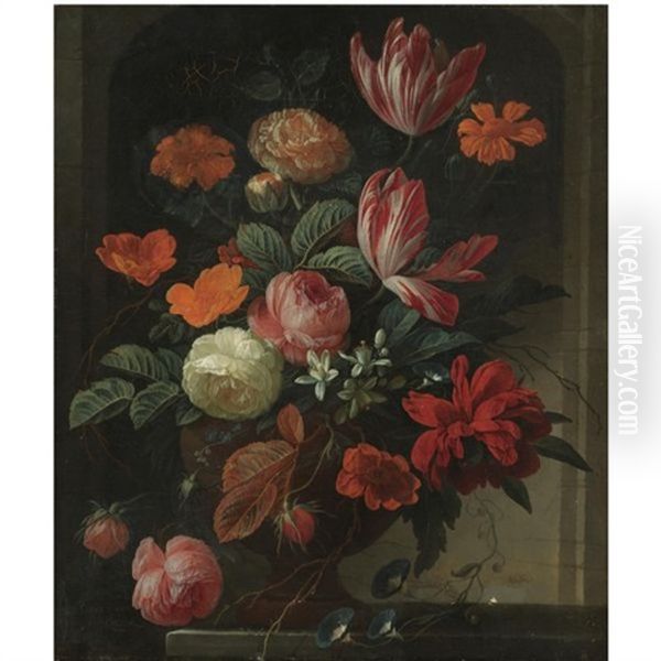 Still Life With Flowers In An Urn On A Stone Ledge Oil Painting by Elias van den Broeck