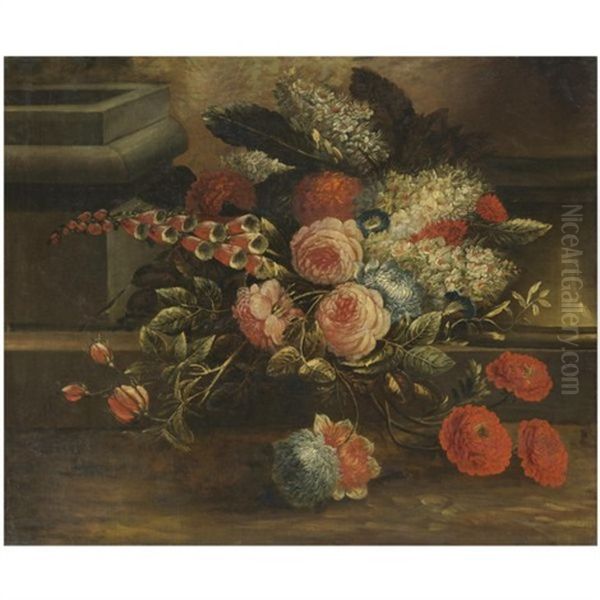 A Still Life With Various Flowers On A Step Oil Painting by Elias van den Broeck