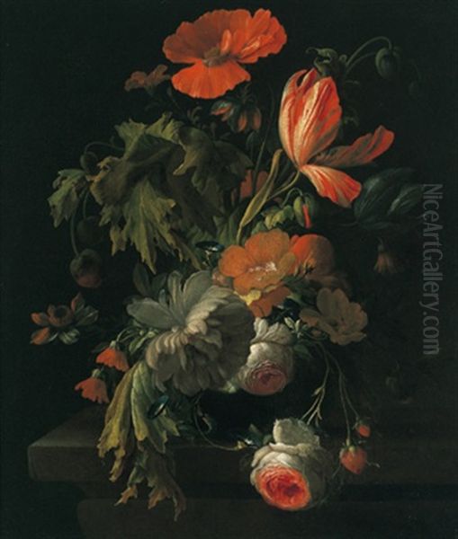 Ein Blumenstraus Mit Rosen,tulpen Und Einer Mohnblume In Einer Tonvase Oil Painting by Elias van den Broeck