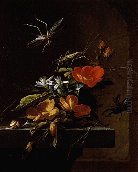 Still Life Of Austrian Briars Arranged Upon A Stone Plinth, With Stag Beetles Oil Painting by Elias van den Broeck